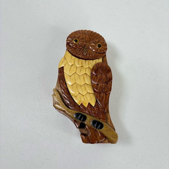 Vintage Owl Secret Wooden Puzzle Box 6" Velvet Lined Gift Key Ring Jewelry - Picture 1 of 11